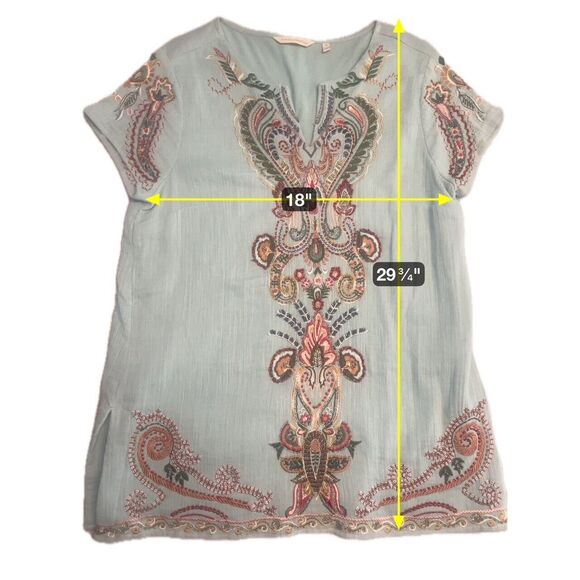 Soft Surroundings Belcaro Embroidered Beaded Short Sleeved Aqua Blue Tunic XS - Picture 3 of 7